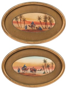 ARTIST UNKNOWN, I.) Egyptian scene with pyramids, II.) Egyptian scene with Bedouin, oval ​​​​​​​watercolours, 15 x 31cm each, 31 x 46cm each overall