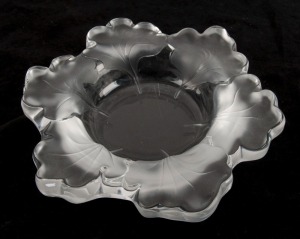 LALIQUE French art glass bowl with leaf decoration, 31cm wide