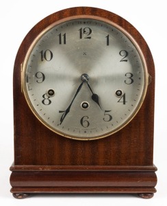 An antique German mantel clock in mahogany case, three train eight day time and strike movement with gong chime, 20th century, 29cm high