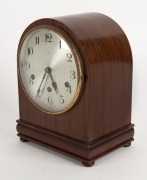 An antique German mantel clock in mahogany case, three train eight day time and strike movement with gong chime, 20th century, 29cm high - 2