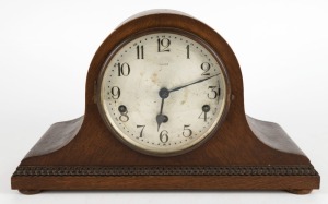 A vintage German Napoleon hat three train mantel clock in oak case, circa 1930, 23cm high