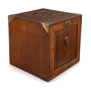 An antique Chinese elm travelling box fitted with drawers and compartments, Qing Dynasty, 19th century, 32cm high, 32cm wide, 31cm deep
