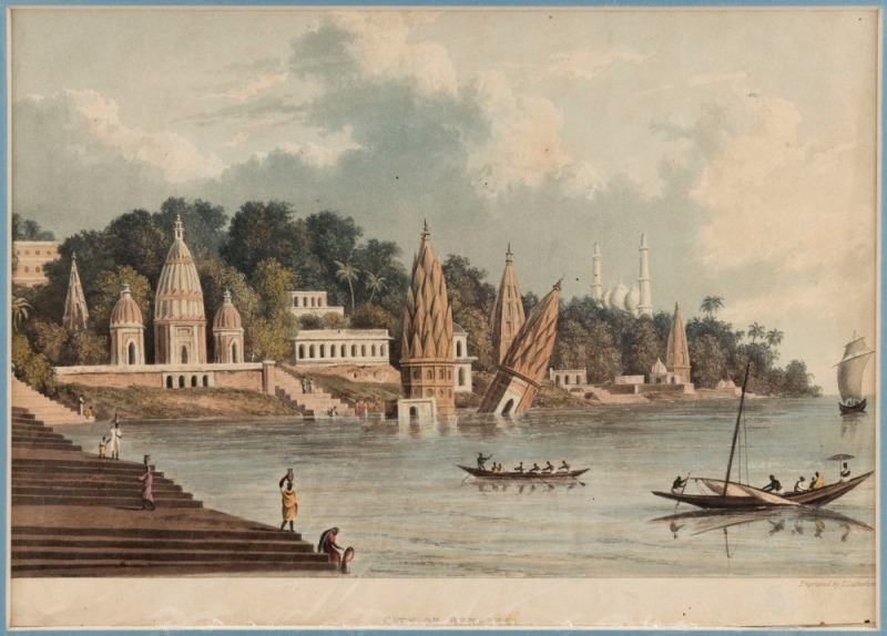 CHARLES RAMUS FORREST (1750 - 1827, artist), THOMAS SUTHERLAND (1785 - 1838, engraver), [INDIAN INTEREST], three hand-coloured engravings, 1824, I.) "City of Benares from the Ganges", II.) "Part of the City of Moorshedabad...", ​​​​​​​III.) "The Fakeer's