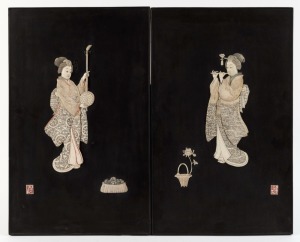 A pair of Japanese carved ivory plaques, Meiji period, 19th/20th century, 45 x 29cm each overall