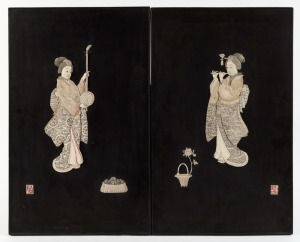 A pair of Japanese carved ivory plaques, Meiji period, 19th/20th century, ​​​​​​​45 x 29cm each overall