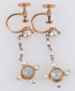 A pair of antique rose gold and pearl earrings, set with cut aquamarines, 19th/20th century,