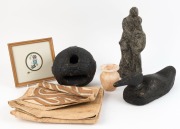 Decoy duck, Pacific Islands tapa cloth, Egyptian alabaster vase, figural statue, Spanish bowling ball, and a JANE PINKNEY watercolour of a mouse, (6 items), the statue 34cm high