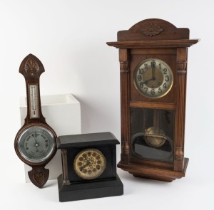 An oak cased wall clock with three train movement; a Sessions antique American mantel clock, and an English wall barometer, (3 items), the wall clock 81cm high