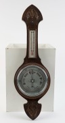 An oak cased wall clock with three train movement; a Sessions antique American mantel clock, and an English wall barometer, (3 items), the wall clock 81cm high - 4