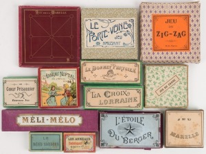JEUX ANCIENS, antique French children's games in decorated card boxes, some with lithograph adornment, circa 1890-1920, (13 items)