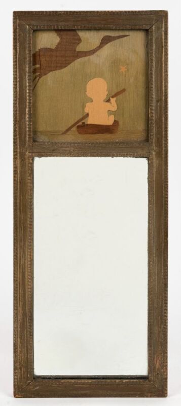 An English Art Deco mirror with inlaid frame, bearing label "A.J. ROWLEY, The Rowley Gallery 140.2 Church Street Kensington. W8", ​​​​​​​51 x 19cm 