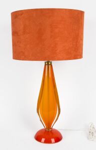 A vintage orange art glass lamp with shade, circa 1960, 75cm high overall