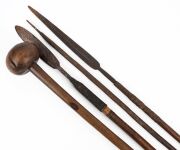 African knobkerrie and three assorted tribal spears, ​​​​​​​the largest 141cm high