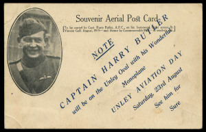 Aerophilately & Flight Covers: 6 Aug.1919 (AAMC.21e) Adelaide - Minlaton Flights Harry Butler souvenir postcard with printed message re. Unley Aviation Day at the Unley Oval; unused. Cat.$650.