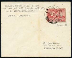 Aerophilately & Flight Covers: 7 Nov.1936 (AAMC.645) Darwin - Longreach flown cover, carried and signed (on reverse) by L.E.Clark in his Percival Gull. This was a short internal leg on his epic journey from England to New Zealand via Australia. Only 8 covers carried on this leg. Cat.$375,