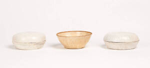 Two Qingbai boxes and covers and a small bowl, Yuan Dynasty 1280-1367, 8.6cm, 8.9cm and 9.2cm diameter