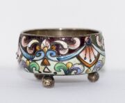 A Russian silver and enamel salt pot, a sterling silver pill box, and three assorted silver mounted vanity jars and bottles, 19th and 20th century, (5 items), ​​​​​​​the largest 13.5cm high - 2