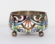 A Russian silver and enamel salt pot, a sterling silver pill box, and three assorted silver mounted vanity jars and bottles, 19th and 20th century, (5 items), ​​​​​​​the largest 13.5cm high - 3