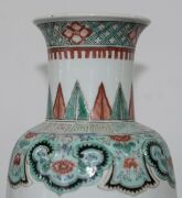 A pair of antique Chinese famille vert porcelain vases on later carved wooden stands, housed in a plush silk lined rosewood box, Qing Dynasty, 19th century. 25cm high - 15