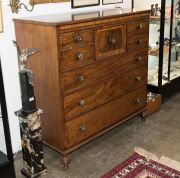 A fine antique Scottish chest of seven drawers, mahogany with ebony string inlay and satinwood cross-banding with original horn and mother of pearl inlaid knobs, original separate base with turned feet, circa 1830, 123cm high, 125cm wide, 57cm deep - 4