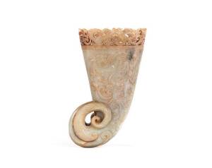 Chinese jade horn figured cup. Height 18.5cm, width at opening 10.5cm.&nbsp;