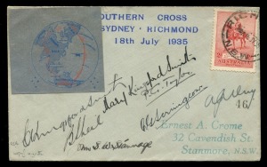 Aerophilately & Flight Covers: "THE LAST FLIGHT OF THE 'SOUTHERN CROSS'": 18 July 1935 (AAMC.514 & 515) comprising covers numbered '46', '49', and consecutively numbered '88' & '89', cover '46' with a IMPERFORATE SPECIAL VIGNETTE (rare on cover) and a personally written note from Ernie Crome on reverse, the others bearing a perforated vignette; all covers are signed by the seven personnel aboard this historic Mascot-Richmond short flight, namely pilots Charles Kingsford Smith and P.G. Taylor, pl