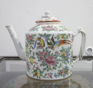 Chinese cantonware teapot with later lid. Height 13.5cm, lid opening 5.5cm.&nbsp;