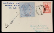 Aerophilately & Flight Covers: "THE LAST FLIGHT OF THE 'SOUTHERN CROSS'": A special envelope postmarked at RICHMOND on 18th July 1935 at the conclusion of the short flight from Mascot; signed by the pilot, Charles Kingsford Smith, bearing a perforated vig