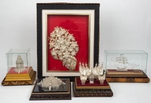 Assorted Indonesian silver filigree ornaments, mostly framed or boxed for presentation, (5 items), 900+ grams silver weight