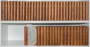 WALTER SCOTT (1771 - 1832), The Waverley Novels, [Edinburgh : Robert Cadell, 1848], 48 volumes uniformly bound in tan leather over marbled boards; spines with gilt titles and decorations. Ex Libris Edward John Honywood bookplates affixed to front pastedow