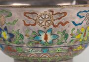 A fine pair of antique Chinese silver bowls adorned with floral enamel decoration, 19th/20th century, both comprehensively stamped with four seal marks, 8cm high, 16.5cm wide, 376 grams total - 8