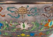 A fine pair of antique Chinese silver bowls adorned with floral enamel decoration, 19th/20th century, both comprehensively stamped with four seal marks, 8cm high, 16.5cm wide, 376 grams total - 10