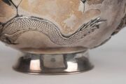 An antique Japanese silver lotus bowl with dragon decoration, double walled construction, Meiji period early 20th century, ​​​​​​​seal mark to base, 10cm high, 18cm wide, 450 grams  - 8