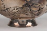 An antique Japanese silver lotus bowl with dragon decoration, double walled construction, Meiji period early 20th century, ​​​​​​​seal mark to base, 10cm high, 18cm wide, 450 grams  - 9