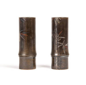 A pair of Japanese bamboo form bronze vases, inlaid with silver, Meiji Period 1868-1912, 17.7cm high