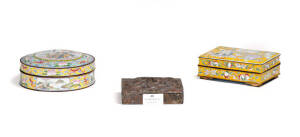 Two Chinese Canton enamel boxes and a copper box, 20th century, 14.2 x 10cm, 15cm diameter and 11.5 x 7.8cm
