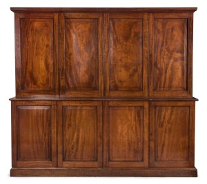 ALEXANDER NORTON fine antique Australian cedar solicitor's cabinet, beautifully crafted with eight paneled doors, interior cabinet base fitted with compartments, Sydney origin, mid 19th century, bearing cabinet maker's circular label "Manufactured by Alex. W. Norton, Cabinet Maker, 52 & 54 Hunter Street", 198cm high, 220cm wide, 46cm deep