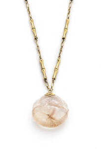 PENDANT:18ct yellow gold and rutile quartz "Fish" pendant on 18ct yellow gold bamboo chain.