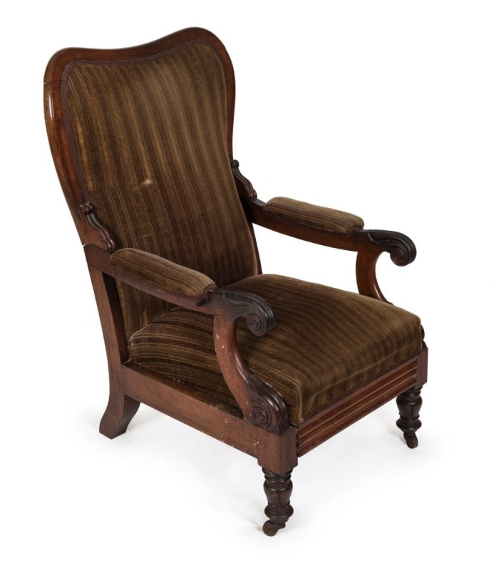 An antique English rosewood reclining library chair, Louden design, circa 1830, 104cm high, 57cm across the arms