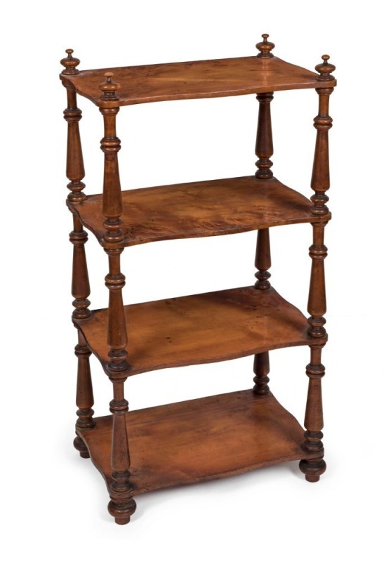 A superb antique Colonial Australian four tier wotnot, crafted from solid slabs of birdseye huon pine, Tasmanian origin, mid 19th century, 103cm high, 53cm wide, 36cm deep