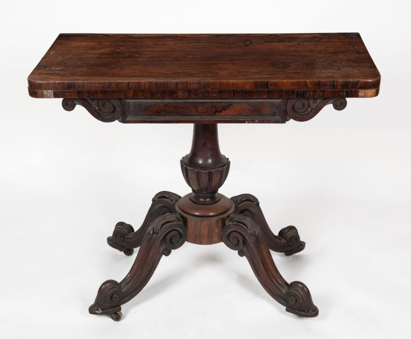 An antique English rosewood fold-over card table, early to mid 19th century, 77cm high, 91cm wide, 46cm deep