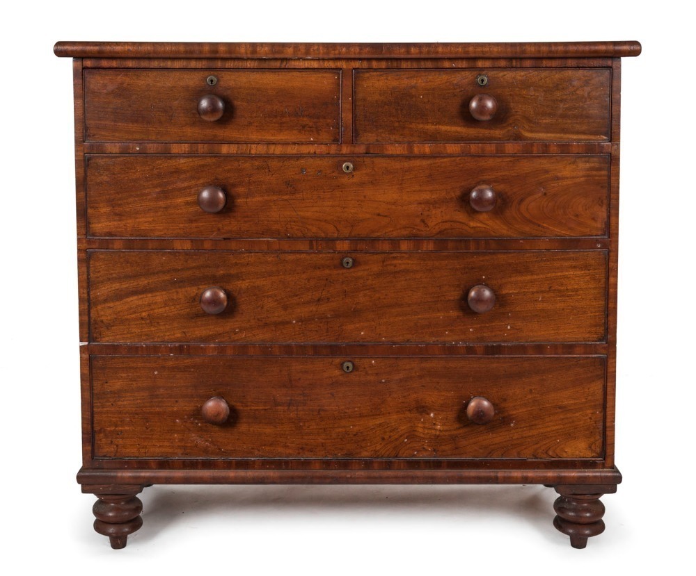 A fine Colonial Australian cedar chest of five drawers with rare cock