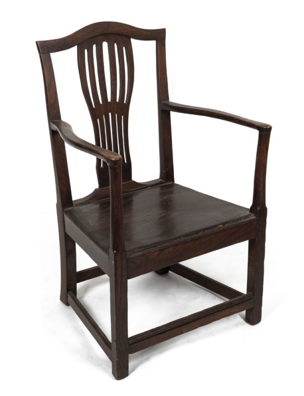 A Georgian elm armchair, 18th century, 62cm across the arms