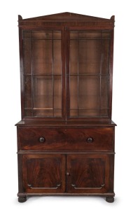 An antique English mahogany secretaire bookcase with astragal glazed doors and paladian top, early to mid 19th century. Note: Missing shelves and glass damaged. 238cm high, 126cm wide, 59cm deep