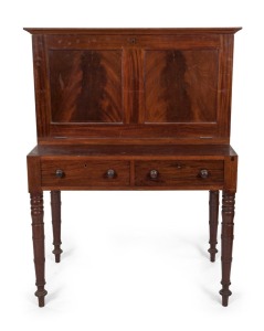 A Georgian mahogany fall front writing desk with ring turned legs, early 19th century, 136cm high, 103cm wide, 55cm deep