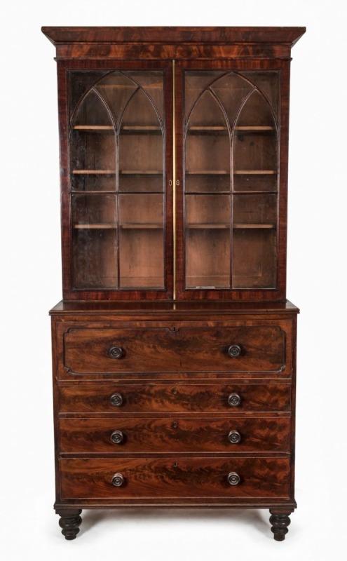 An antique English mahogany secretaire bookcase with astragal glazed arch doors, 19th century, 220cm high, 112cm wide, 50cm deep