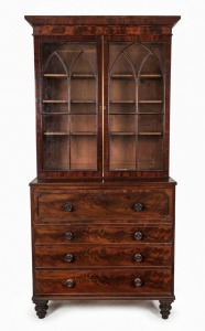 An antique English mahogany secretaire bookcase with astragal glazed arch doors, 19th century, 220cm high, 112cm wide, 50cm deep