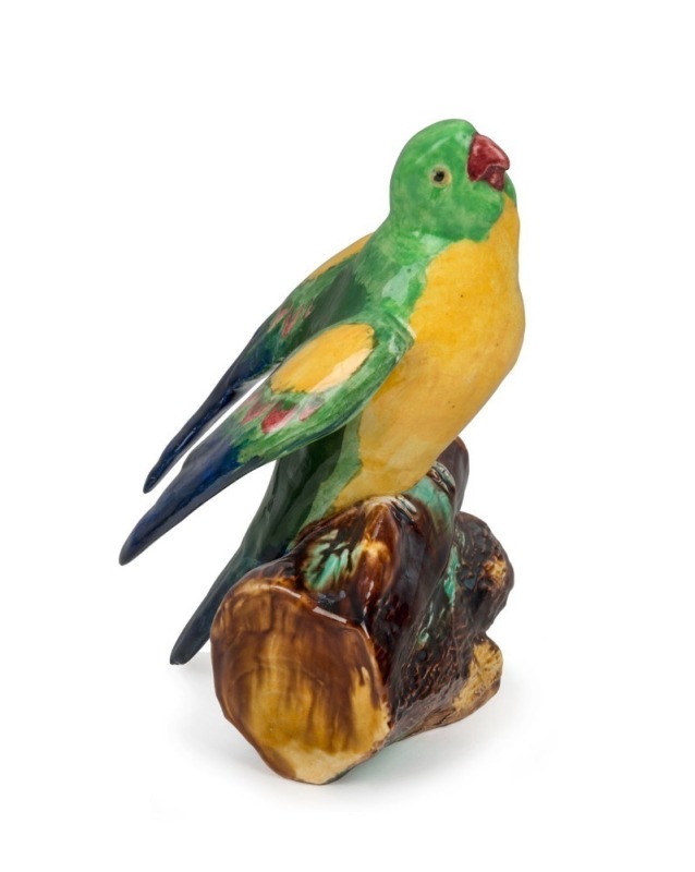 GRACE SECCOMBE stunning pottery parrot statue, incised "Grace Seccombe. N.S.W., Australia", with additional exhibition labels affixed to base, 19cm high