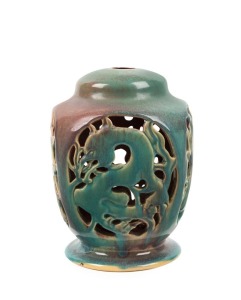 KLYTIE PATE pierced pottery table lamp base, adorned with dragons, glazed in mauve and turquoise, incised "Klytie Pate", 21cm high