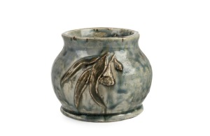 WILLIAM ANDERSON grey and green pottery vase adorned with gumnuts, blossoms and leaves, incised "W. S. Anderson, Lorne Clay", 10cm high